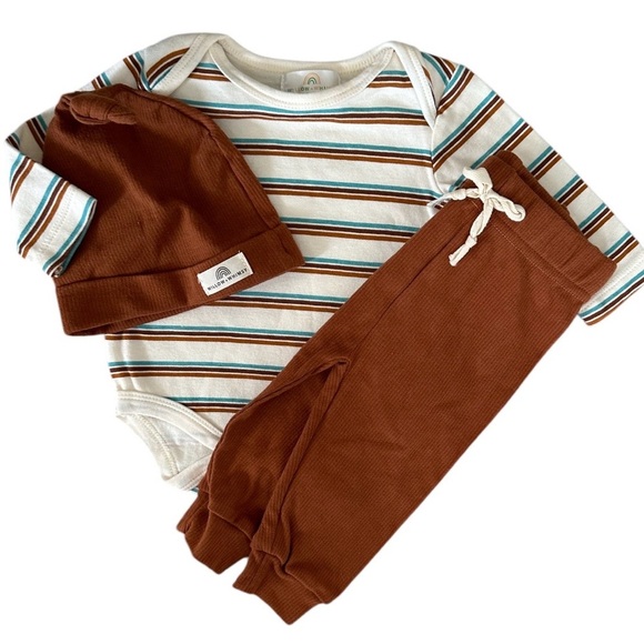 New Willow + Whimsy Baby Boy Organic 3-Piece Set Hat, Joggers Striped shirt 3-6m - Picture 2 of 16